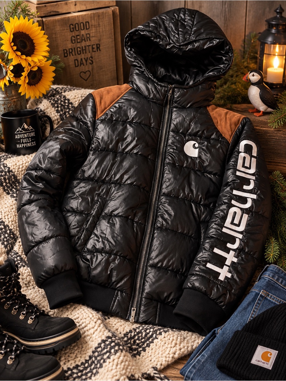 Carhartt Glossy Quilted Puffer Jacket | Hooded | Black & Brown | Size Small